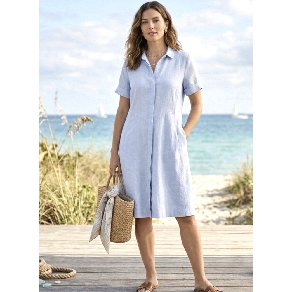 J Jill Love Linen Button Front 100% Linen Shirt Dress Coastal Blue SZ M Tall